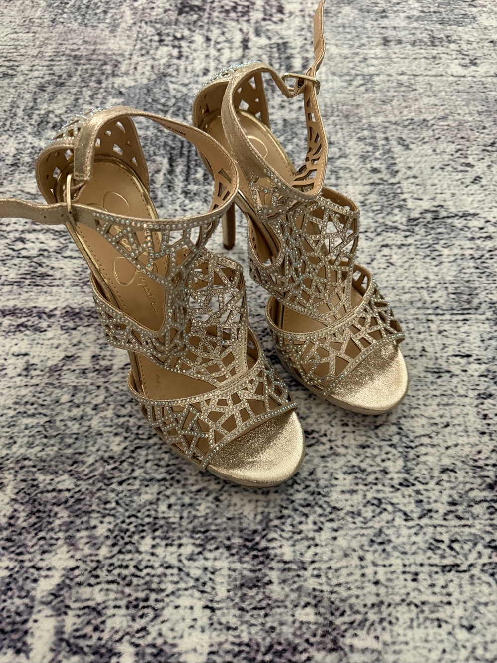 Jessica Simpson Gold Rhinestone Cutout High Heel Sandals
